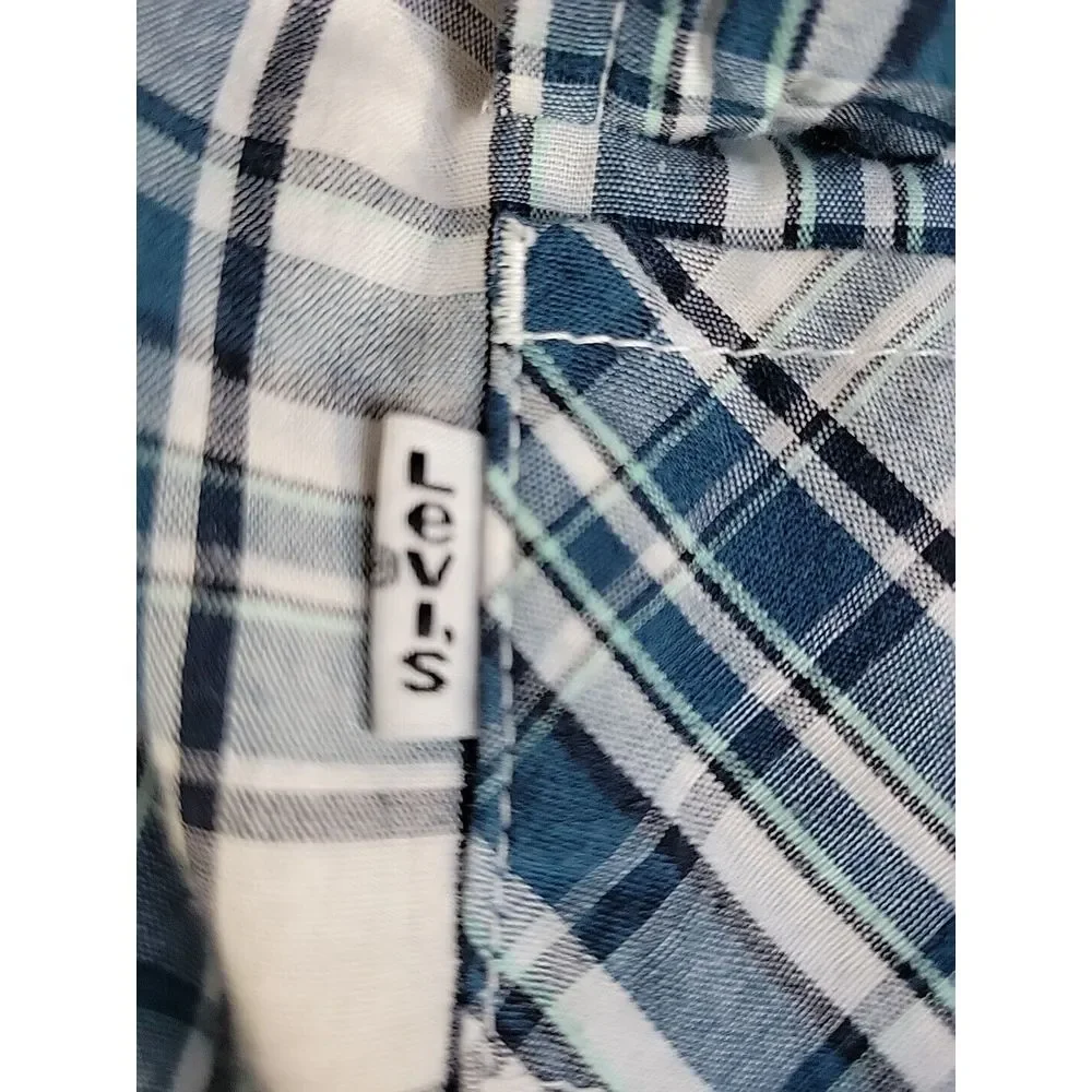 Levis‎ Pearl Snap Western Men's Shirt  XXL 2XL Blue Plaid Long Sleeve White Tab